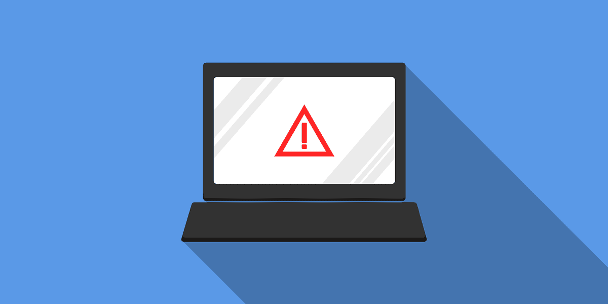 Blue background with computer illustration that has a warning icon