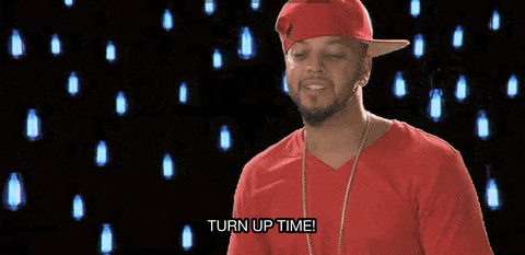 Gif of guy in red shirt and red hat saying Turn up time