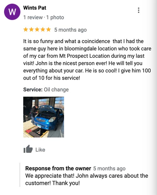 Google review of Costa Oil in Bloomingdale, IL
