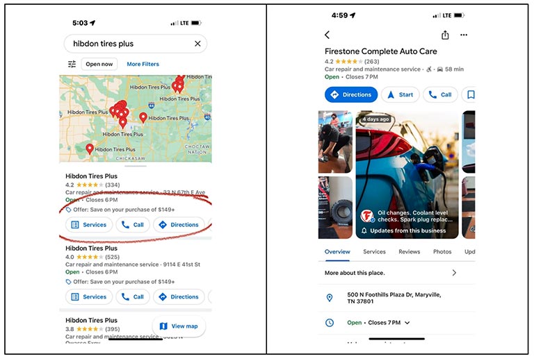 On left, Google Business Profile showing Google Post offer in Maps area and on right, Google Post with information pulled into header image area