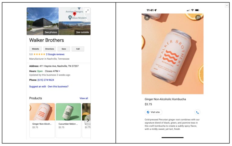 Example of Walker Brothers Kombucha Google Profile using the Product section