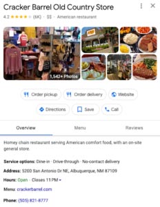 completed google business profile for a cracker barrel location