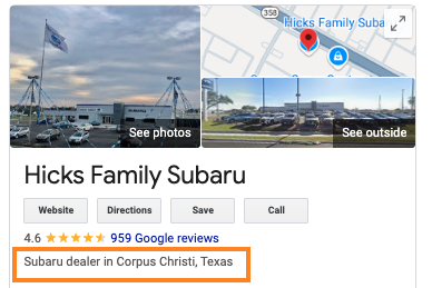 Hicks Family Subaru primary Google Business Profile category, Subaru dealer